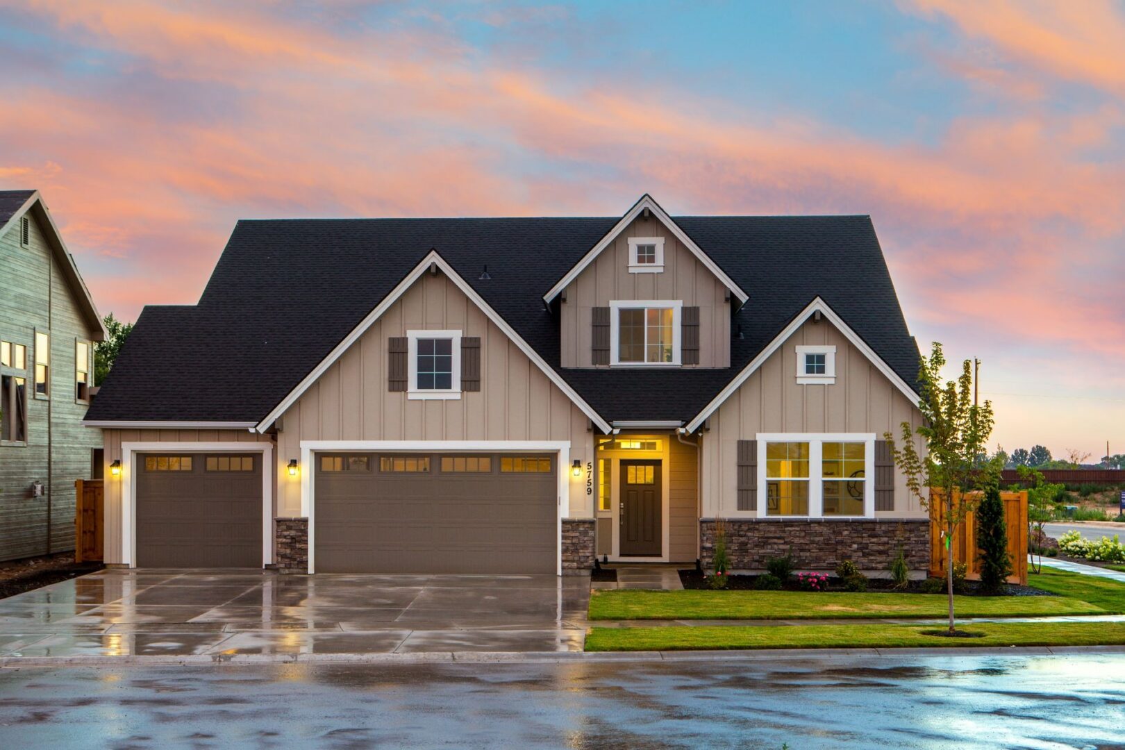 a home with working electricity at sunset.